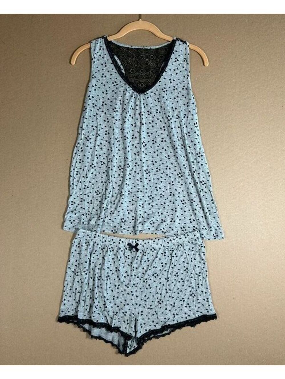 René Rofé 2-Piece Set Gray Black Hearts Print Lace Cami Top & Shorts
